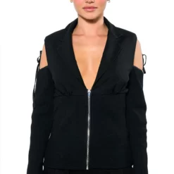 COLD SHOULDER RIBBED BLAZER 13 COLD SHOULDER RIBBED BLAZER -AZALEA WANG Shop cold shoulder ribbed blazer black 3 3