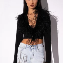 COME ON BABY FEATHER CROP BLAZER 11 COME ON BABY FEATHER CROP BLAZER -AZALEA WANG Shop come on baby feather crop blazer black 3 3