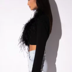 COME ON BABY FEATHER CROP BLAZER 12 COME ON BABY FEATHER CROP BLAZER -AZALEA WANG Shop come on baby feather crop blazer black 4 4