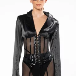 LARA CORSET STYLE SATIN BLAZER -AZALEA WANG Shop coreset style blazer jacket black 4 4