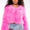 SWEET TALK FEATHER JACKET IN PINK -AZALEA WANG Shop cropped feather jacket in pink neon pink 1 1