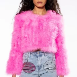 SWEET TALK FEATHER JACKET IN PINK 17 SWEET TALK FEATHER JACKET IN PINK -AZALEA WANG Shop cropped feather jacket in pink neon pink 5 5