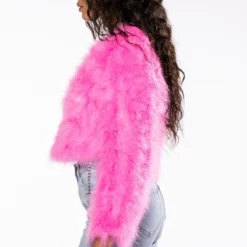 SWEET TALK FEATHER JACKET IN PINK 18 SWEET TALK FEATHER JACKET IN PINK -AZALEA WANG Shop cropped feather jacket in pink neon pink 6 6