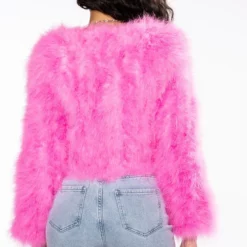 SWEET TALK FEATHER JACKET IN PINK 19 SWEET TALK FEATHER JACKET IN PINK -AZALEA WANG Shop cropped feather jacket in pink neon pink 7 7