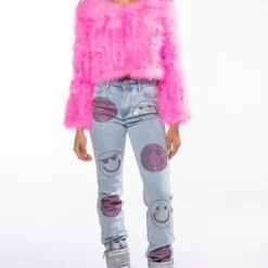SWEET TALK FEATHER JACKET IN PINK 21 SWEET TALK FEATHER JACKET IN PINK -AZALEA WANG Shop cropped feather jacket in pink neon pink 9 9