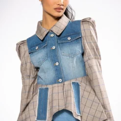 NOTHING BUT GRATITUDE PUFF SLEEVE PLAID AND DENIM PEPLUM BLAZER