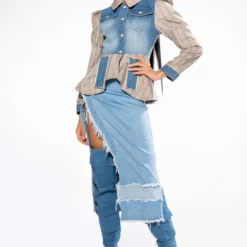 NOTHING BUT GRATITUDE PUFF SLEEVE PLAID AND DENIM PEPLUM BLAZER -AZALEA WANG Shop dc mix material denim plaid blazer multi 3 3