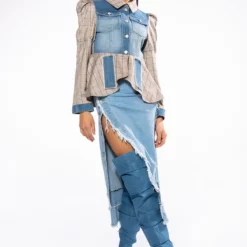 NOTHING BUT GRATITUDE PUFF SLEEVE PLAID AND DENIM PEPLUM BLAZER -AZALEA WANG Shop dc mix material denim plaid blazer multi 4 4