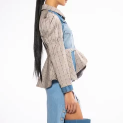 NOTHING BUT GRATITUDE PUFF SLEEVE PLAID AND DENIM PEPLUM BLAZER -AZALEA WANG Shop dc mix material denim plaid blazer multi 6 6