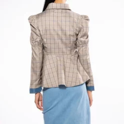 NOTHING BUT GRATITUDE PUFF SLEEVE PLAID AND DENIM PEPLUM BLAZER -AZALEA WANG Shop dc mix material denim plaid blazer multi 7 7