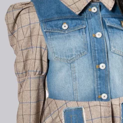 NOTHING BUT GRATITUDE PUFF SLEEVE PLAID AND DENIM PEPLUM BLAZER -AZALEA WANG Shop dc mix material denim plaid blazer multi 8 8