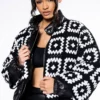 AZALEA WANG DREAMY PUFFER JACKET WITH DETACHABLE HAND CROCHET CARDIGAN -AZALEA WANG Shop dreamy hand knitted crochet puffer in black white black white 1 1