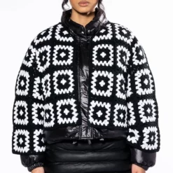 AZALEA WANG DREAMY PUFFER JACKET WITH DETACHABLE HAND CROCHET CARDIGAN 13 AZALEA WANG DREAMY PUFFER JACKET WITH DETACHABLE HAND CROCHET CARDIGAN -AZALEA WANG Shop dreamy hand knitted crochet puffer in black white black white 3 3