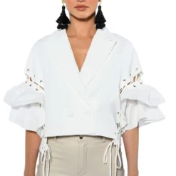 EASY DOES IT RUFFLE SLEEVE CROP BLAZER -AZALEA WANG Shop easy does it ruffle sleeve crop blazer white 5 5
