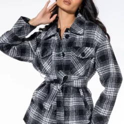 FRONT TIE WRAP PLAID JACKET