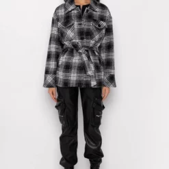 FRONT TIE WRAP PLAID JACKET -AZALEA WANG Shop front tie wrap plaid jacket black multi 8 8