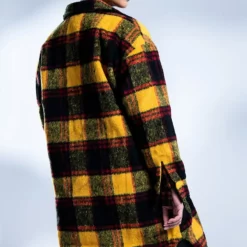 FUZZY PLAID LONG SHACKET WITH QUILTED LINING
