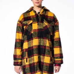 FUZZY PLAID LONG SHACKET WITH QUILTED LINING -AZALEA WANG Shop fuzzy plaid long shacket with quilted lining yellow multi 4 4
