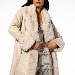 GRAM GIRL PU AND FAUX FUR WRAP COAT -AZALEA WANG Shop gram girl pu and faux fur wrap coat beige 4 4