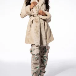 GRAM GIRL PU AND FAUX FUR WRAP COAT -AZALEA WANG Shop gram girl pu and faux fur wrap coat beige 5 5