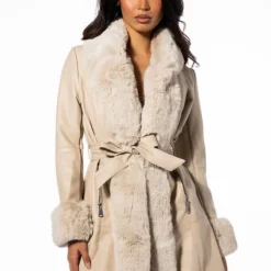 GRAM GIRL PU AND FAUX FUR WRAP COAT -AZALEA WANG Shop gram girl pu and faux fur wrap coat beige 8 8