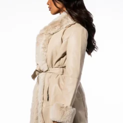 GRAM GIRL PU AND FAUX FUR WRAP COAT -AZALEA WANG Shop gram girl pu and faux fur wrap coat beige 9 9