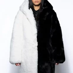 HALF HALF BDUBS FAUX FUR COAT -AZALEA WANG Shop half half bdubs faux fur coat black white 6 6 c1