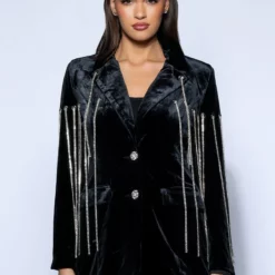 HIGHEST BIDDER RHINESTONE FRINGE VELVET BLAZER -AZALEA WANG Shop highest bidder rhinestone fringe velvet blazer black multi 5 5