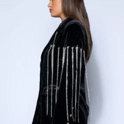 HIGHEST BIDDER RHINESTONE FRINGE VELVET BLAZER -AZALEA WANG Shop highest bidder rhinestone fringe velvet blazer black multi 6 6