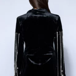 HIGHEST BIDDER RHINESTONE FRINGE VELVET BLAZER -AZALEA WANG Shop highest bidder rhinestone fringe velvet blazer black multi 7 7