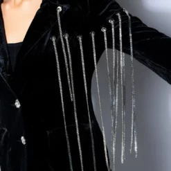 HIGHEST BIDDER RHINESTONE FRINGE VELVET BLAZER -AZALEA WANG Shop highest bidder rhinestone fringe velvet blazer black multi 8 8