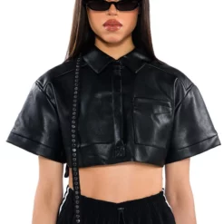 KATYA ULTRA CROPPED FAUX LEATHER BLAZER