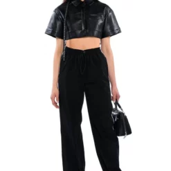 KATYA ULTRA CROPPED FAUX LEATHER BLAZER -AZALEA WANG Shop katya ultra cropped faux leather blazer black 3 3