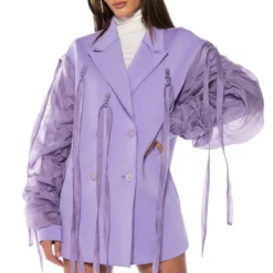 LOTUS FLOWER BOMB RUCHED ARM SCUBA BLAZER -AZALEA WANG Shop lotus flower bomb ruched arm scuba blazer light purple 3 3