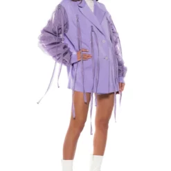 LOTUS FLOWER BOMB RUCHED ARM SCUBA BLAZER -AZALEA WANG Shop lotus flower bomb ruched arm scuba blazer light purple 4 4