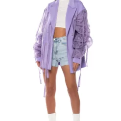 LOTUS FLOWER BOMB RUCHED ARM SCUBA BLAZER -AZALEA WANG Shop lotus flower bomb ruched arm scuba blazer light purple 5 5