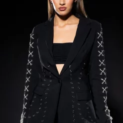 LOVE ME TRUE RHINESTONE ROPE GROMMET DETAIL BLAZER
