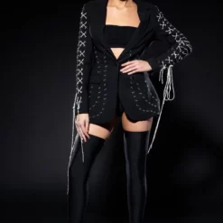 LOVE ME TRUE RHINESTONE ROPE GROMMET DETAIL BLAZER -AZALEA WANG Shop love me true rhinestone rope grommet detail blazer black multi 3 3