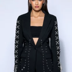 LOVE ME TRUE RHINESTONE ROPE GROMMET DETAIL BLAZER -AZALEA WANG Shop love me true rhinestone rope grommet detail blazer black multi 4 4