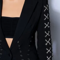 LOVE ME TRUE RHINESTONE ROPE GROMMET DETAIL BLAZER -AZALEA WANG Shop love me true rhinestone rope grommet detail blazer black multi 7 7