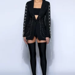 LOVE ME TRUE RHINESTONE ROPE GROMMET DETAIL BLAZER -AZALEA WANG Shop love me true rhinestone rope grommet detail blazer black multi 8 8