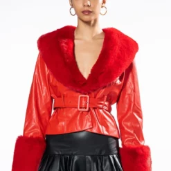 MADDIE Y2K RED FUR TRIM BLAZER -AZALEA WANG Shop maddie y2k red fur trim blazer red 4 4