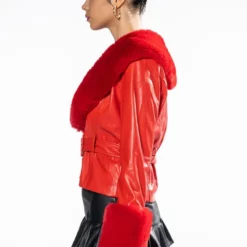 MADDIE Y2K RED FUR TRIM BLAZER -AZALEA WANG Shop maddie y2k red fur trim blazer red 5 5