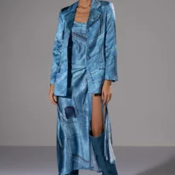 MADE YOU LOOK PRINTED MIDI DRESS AND CUTOUT BLAZER SET -AZALEA WANG Shop made you look printed midi dress and cutout blazer set blue 3 3