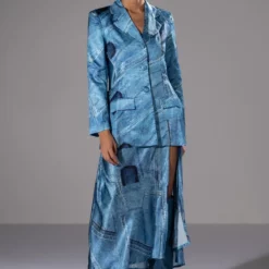 MADE YOU LOOK PRINTED MIDI DRESS AND CUTOUT BLAZER SET -AZALEA WANG Shop made you look printed midi dress and cutout blazer set blue 4 4