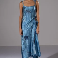 MADE YOU LOOK PRINTED MIDI DRESS AND CUTOUT BLAZER SET -AZALEA WANG Shop made you look printed midi dress and cutout blazer set blue 5 5