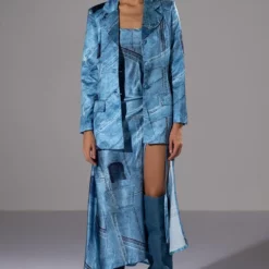 MADE YOU LOOK PRINTED MIDI DRESS AND CUTOUT BLAZER SET -AZALEA WANG Shop made you look printed midi dress and cutout blazer set blue 6 6