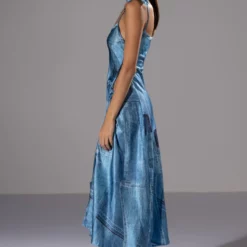 MADE YOU LOOK PRINTED MIDI DRESS AND CUTOUT BLAZER SET -AZALEA WANG Shop made you look printed midi dress and cutout blazer set blue 7 7