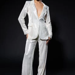 MAIN CHARACTER SEQUIN BLAZER AND SUIT PANT SET -AZALEA WANG Shop main character sequin blazer and suit pant set white 3 3