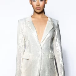 MAIN CHARACTER SEQUIN BLAZER AND SUIT PANT SET -AZALEA WANG Shop main character sequin blazer and suit pant set white 4 4